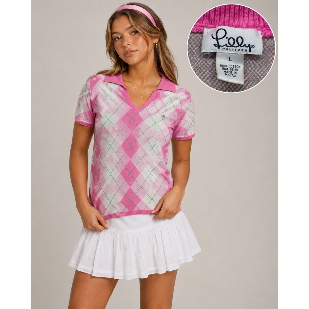 Lilly Pulitzer Pink Argyle Knit Polo Top Palm Tree Short Sleeve Vintage Y2K VGUC
